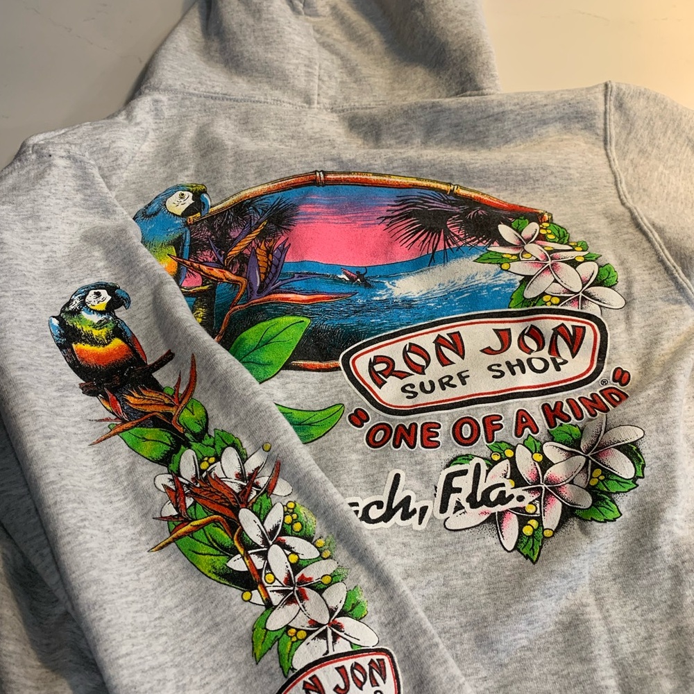 Ron Jon Gray Hoodie with Tropical Parrot Design, S